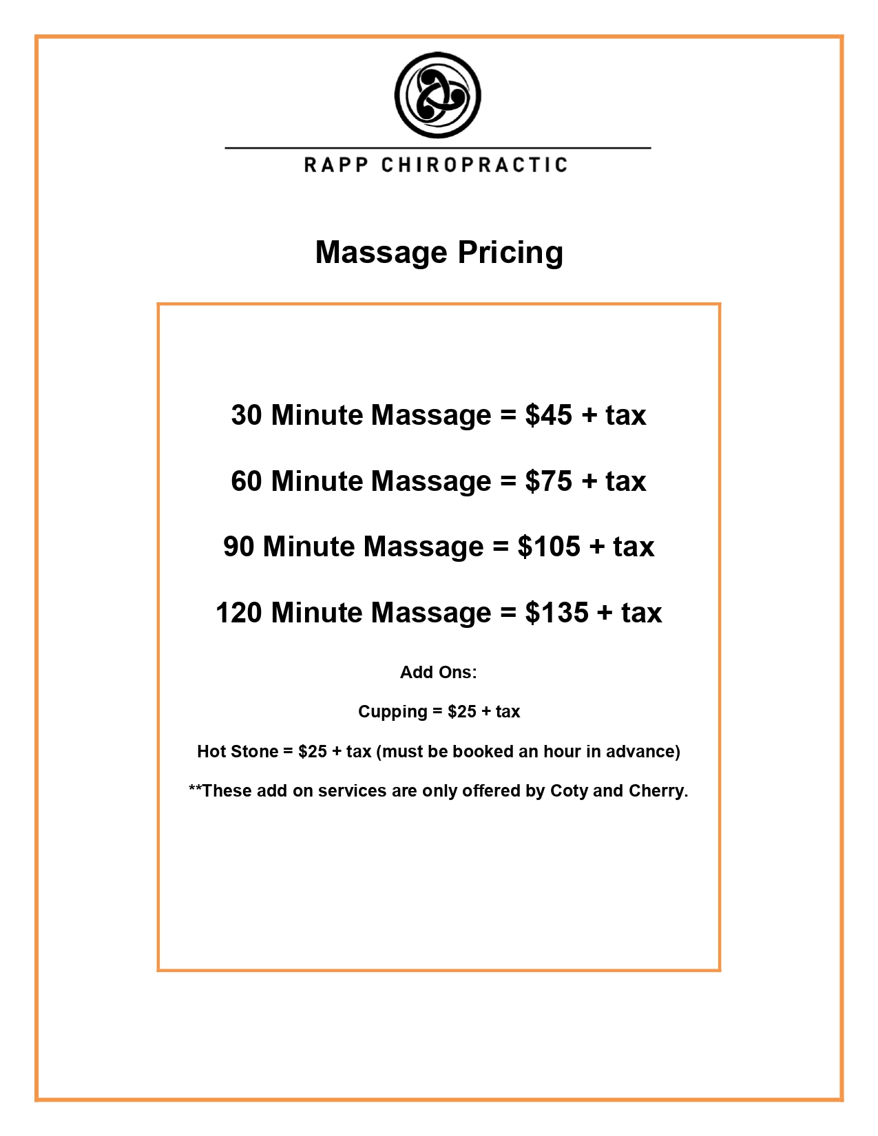 Massage pricing